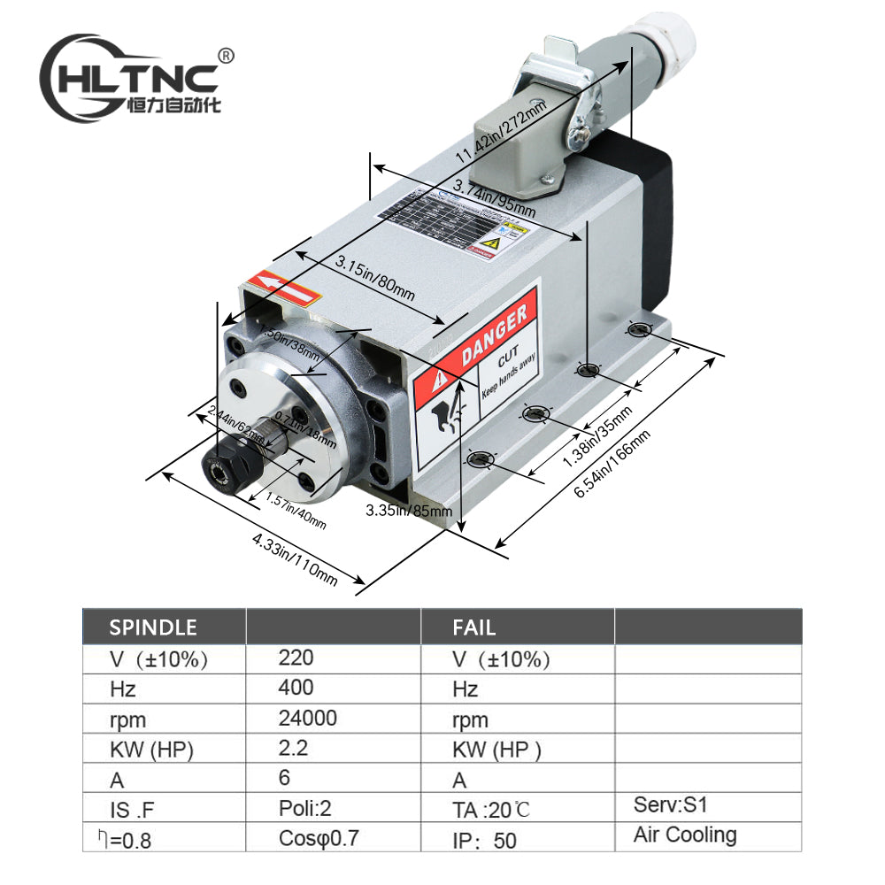 Metal Router Aviation HLTNC 2.2KW Air Cooling Square Spindle 110V 220V 380V 3phase 24000RPM
