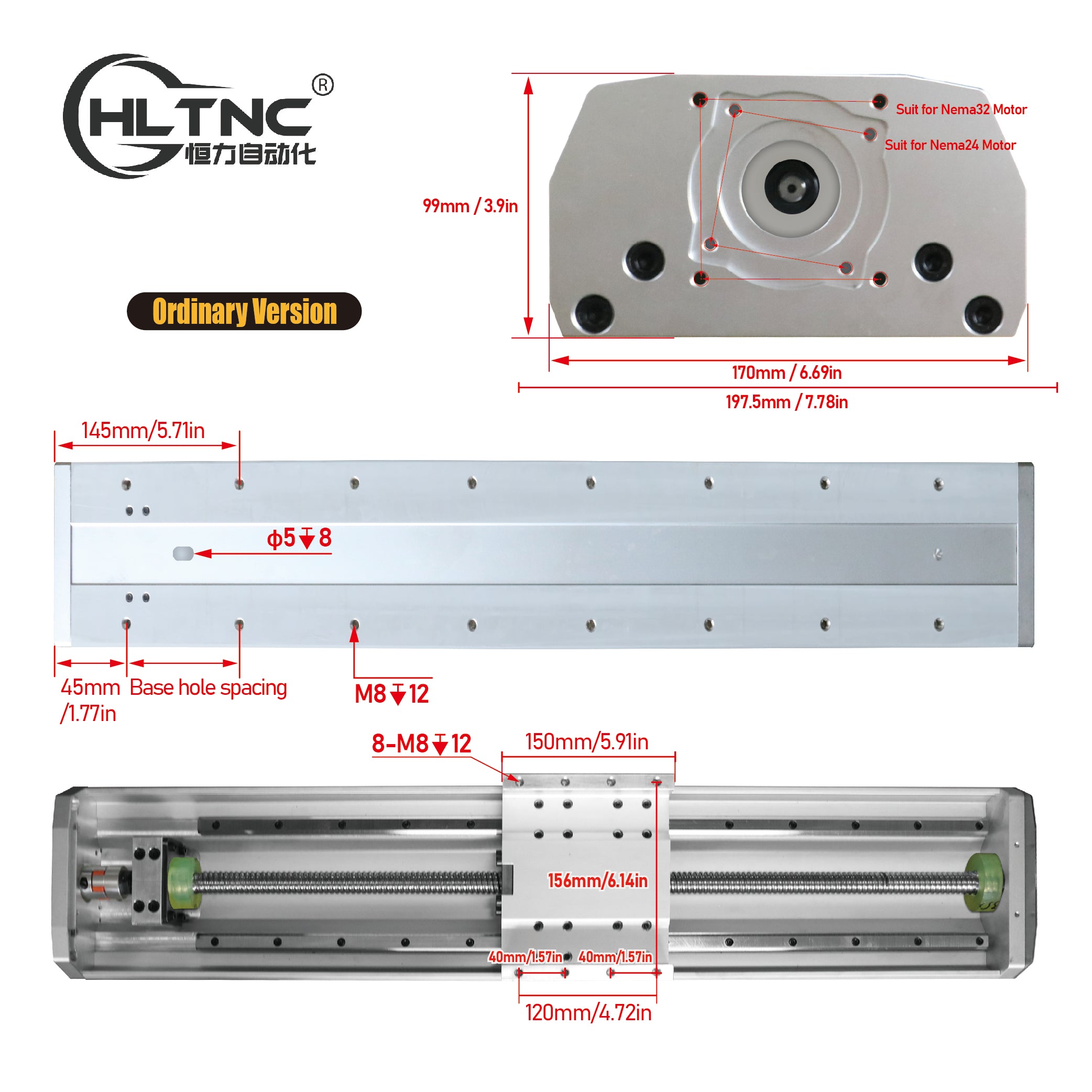 HLTNC 170 Semi Enclosed Fully Enclosed Module Sliding Table Effective Moving Length 150 to 500 + HGR15 Guide Rail + 2010 Screw Nema24 Nema32 60 80 Motor
