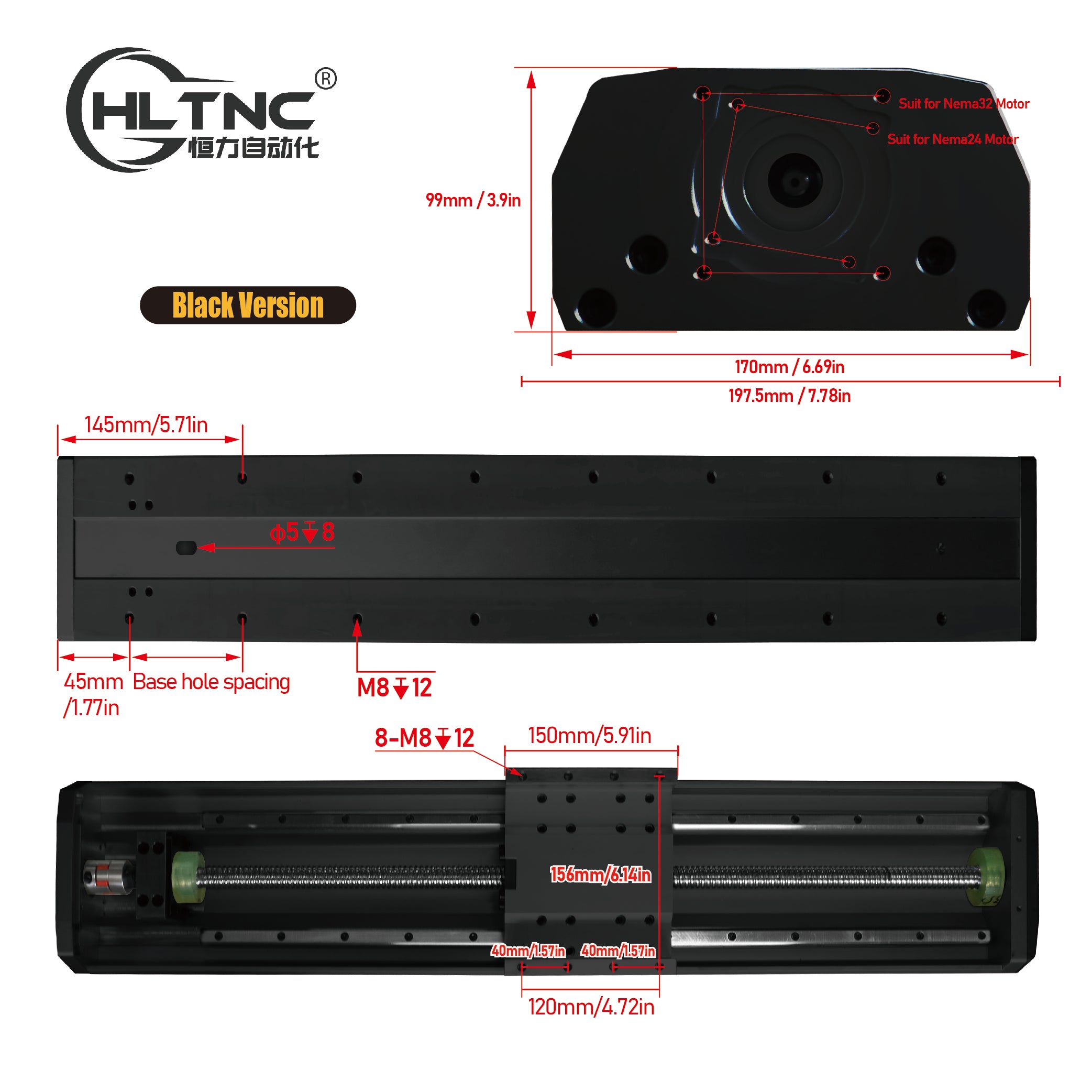 HLTNC 170 Semi Enclosed Module Sliding Table Effective Moving Length 150 to 500 + HGR15 Guide Rail + 2010 Screw Nema24 Nema32 60 80 Motor