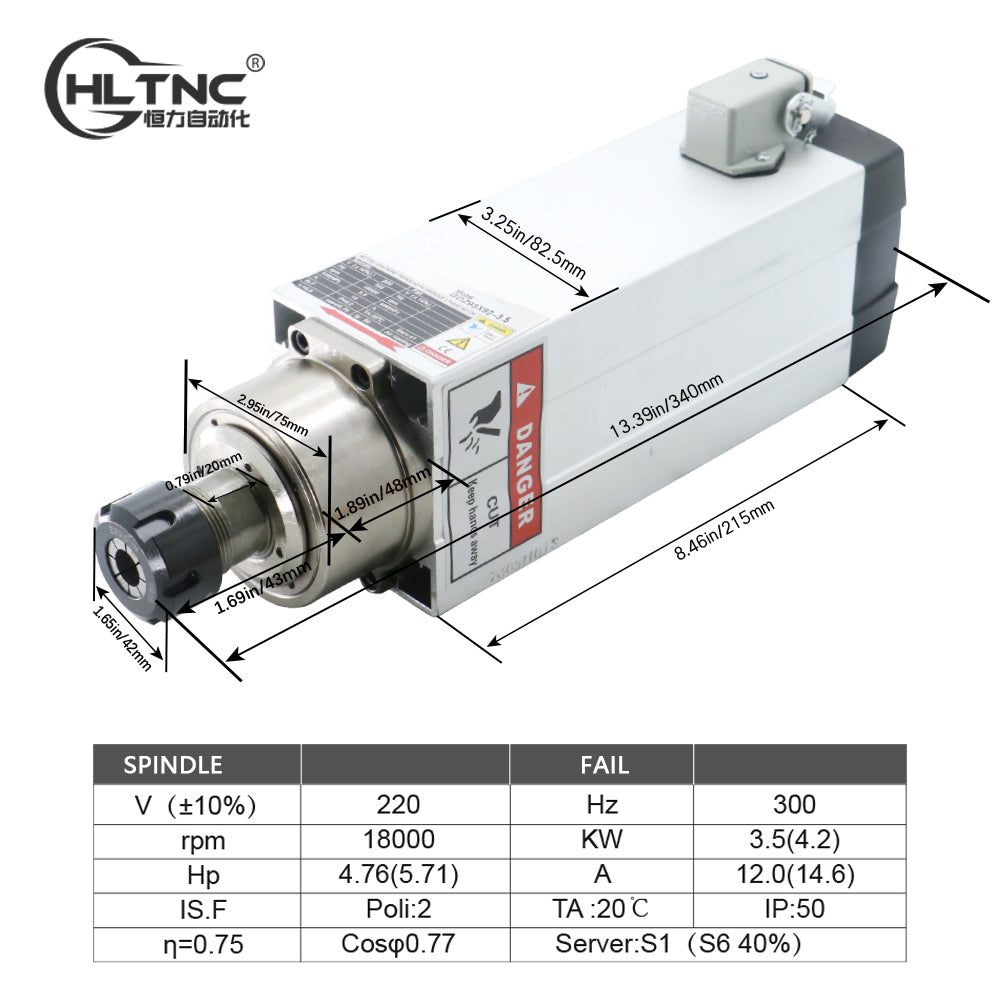 Metal Router Aviation HLTNC 3.5KW ER25 Air Cooling Square Spindle 110V 220V 380V 3phase 1800