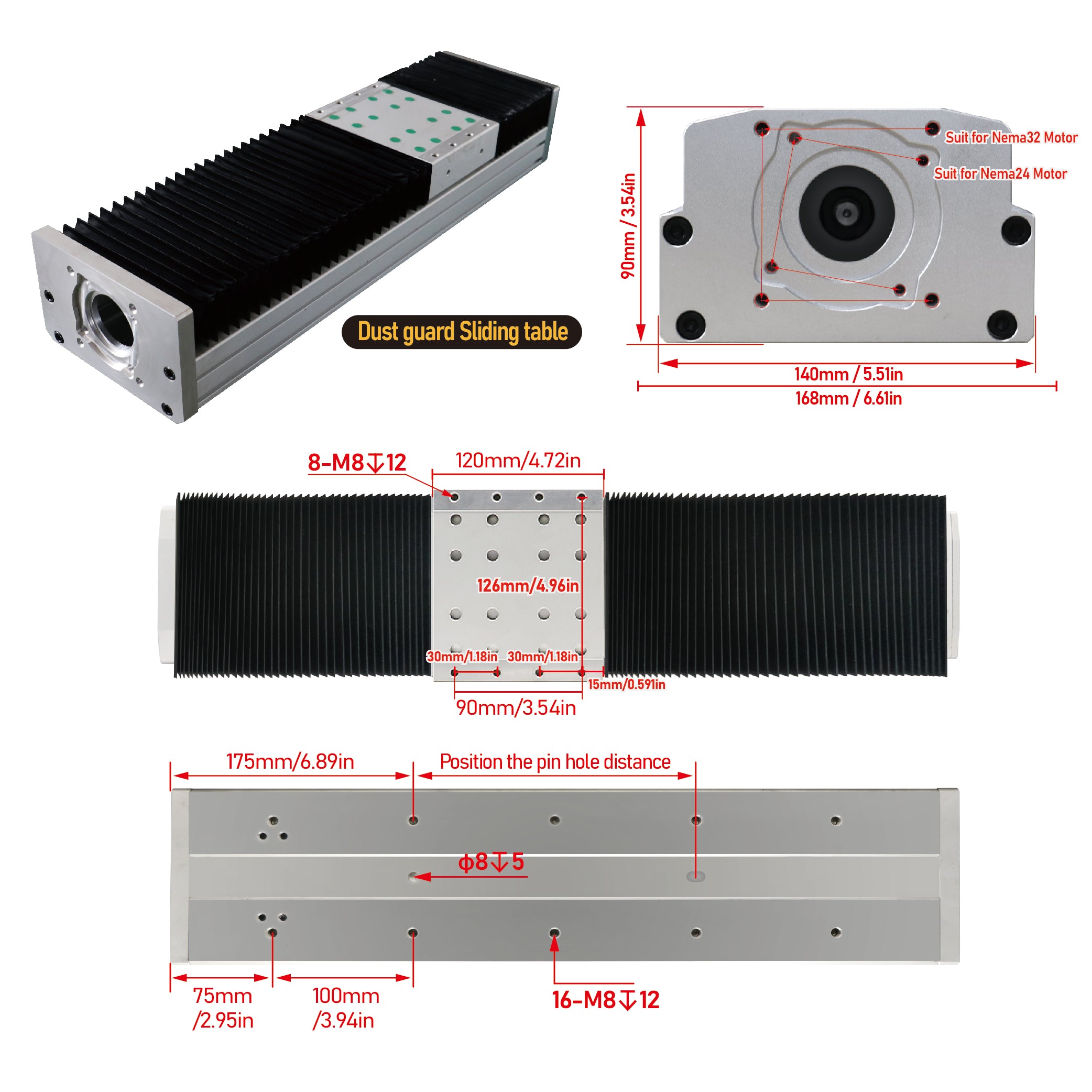 HLTNC 140 Semi Enclosed Fully Enclosed Module Sliding Table Effective Moving Length 150 to 500 + EGR15 Guide Rail + 1610 Screw Nema24 Nema32 60 80 Motor