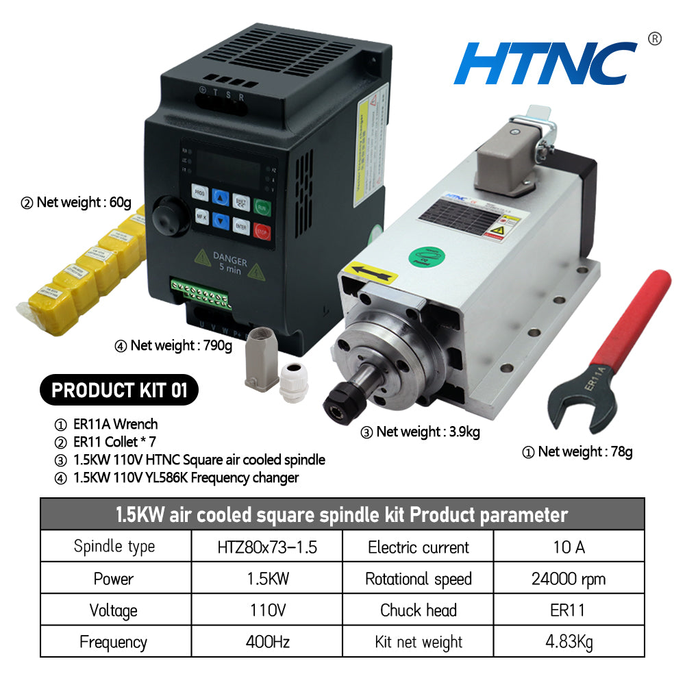 HLTNC New Arrival 1.5KW CNC Spindle Motor 110v / 220v ER11 Spindle 24000RPM +1500w VFD 50/60hz + ER11A wrench + 9pcs ER11 Collet