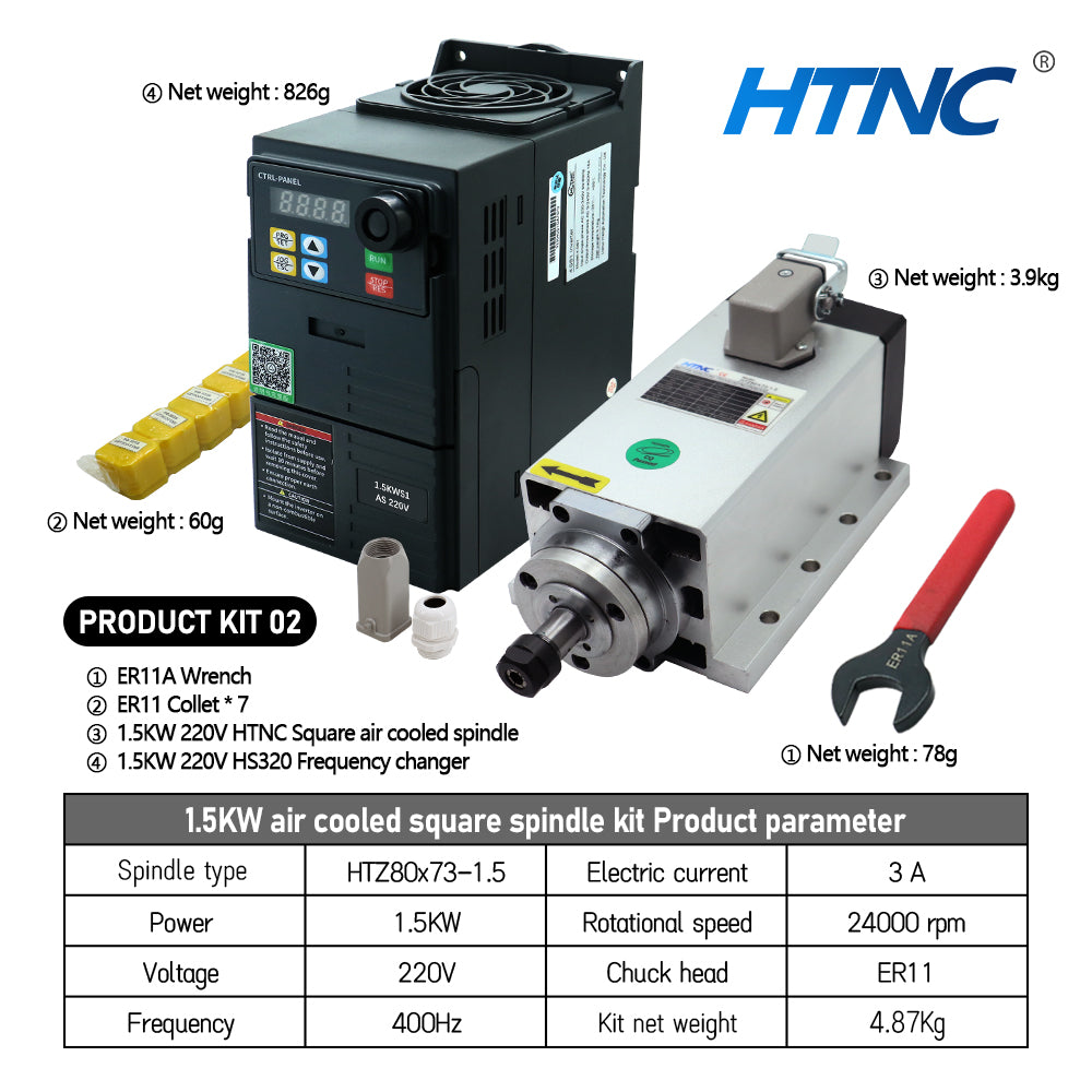 HLTNC New Arrival 1.5KW CNC Spindle Motor 110v / 220v ER11 Spindle 24000RPM +1500w VFD 50/60hz + ER11A wrench + 9pcs ER11 Collet