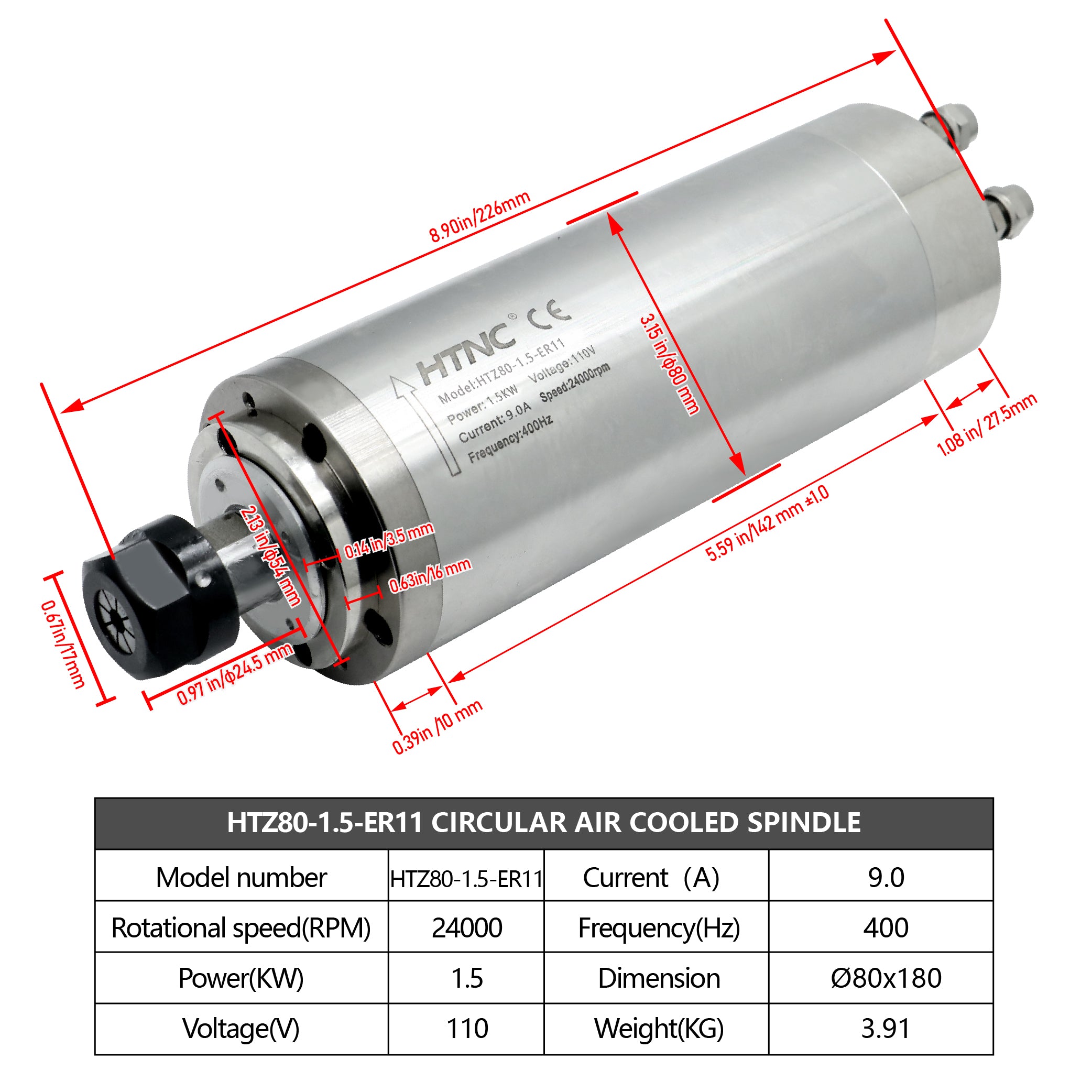 HLTNC Water Cooling 2.2KW 1.5kw 0.8kw CNC Spindle Motor 110v / 220v 2200W 1500w 800w 400hz Round Spindle 24000RPM For CNC