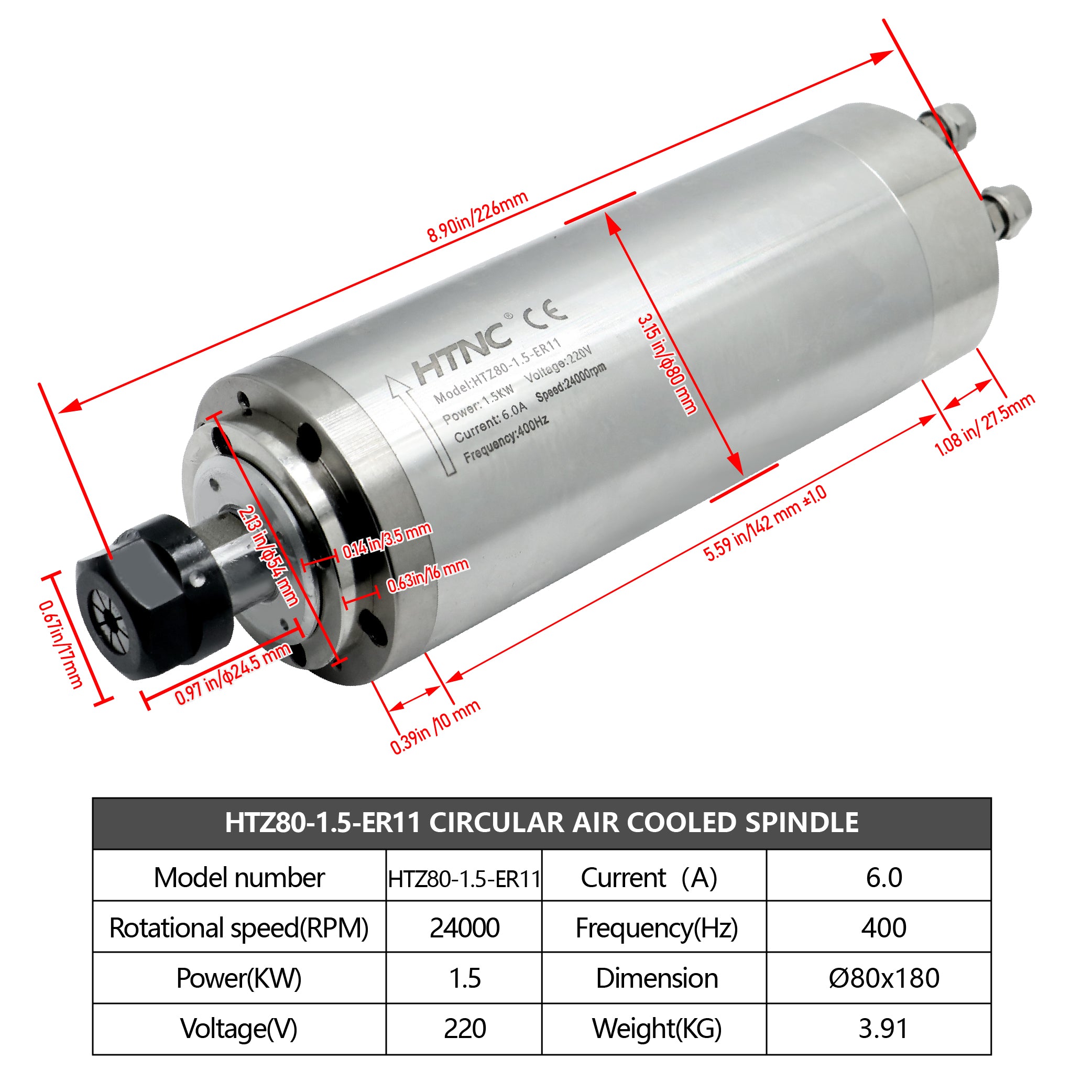 HLTNC Water Cooling 2.2KW 1.5kw 0.8kw CNC Spindle Motor 110v / 220v 2200W 1500w 800w 400hz Round Spindle 24000RPM For CNC