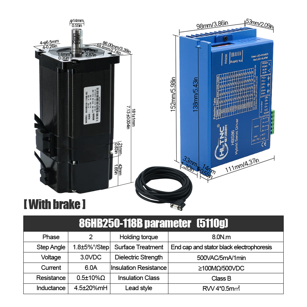 HLTNC Nema34 Close Loop Stepper Motor 86HB250-82/118/152B & HBS86 Drive &3M Encoder Cable 4.5/8/12N.m 643/1143/1714Ozin For CNC Router