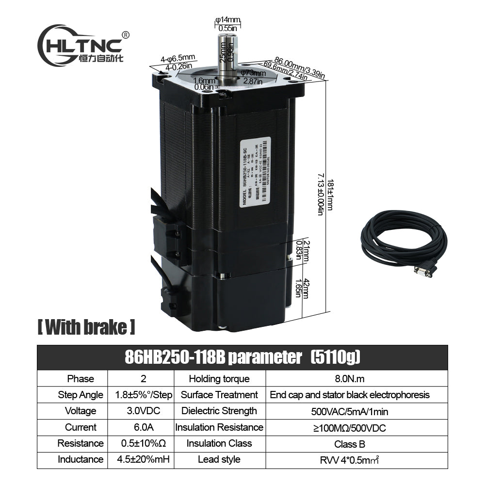 HLTNC Nema34 Close Loop Stepper Motor 86HB250-82B 118B 152B With 3M Encoder Cable 4.5/8/12N.m 643/1143/1714ozin For CNC Router