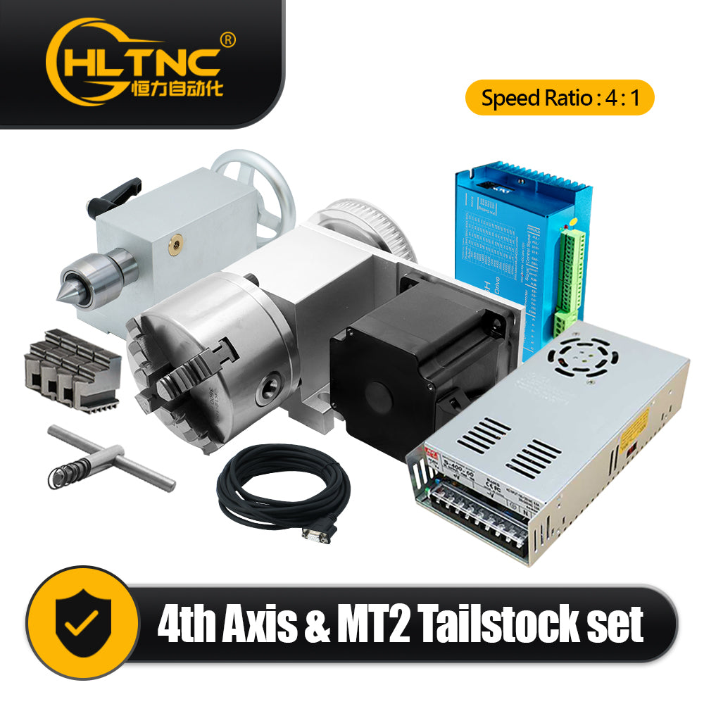 HLTNC 4th A Axis Rotary 65mm 4 Jaw Chuck + MT2 Tailstock Nema34 Closed Loop Stepper Driver Motor for CNC Router Engraver Machine