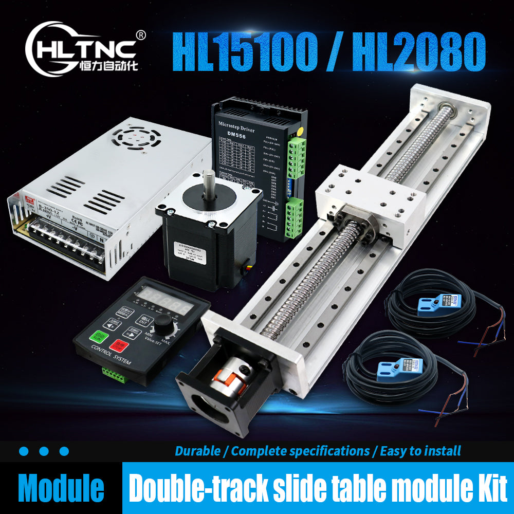 HLTNC HL15100 HL2080 Double-Track Slide Table Module Kit + 57 Stepper Motor Or 60 Servo Motor + Controller + Switch + DM556 Driver For Automatic Robotic Arm
