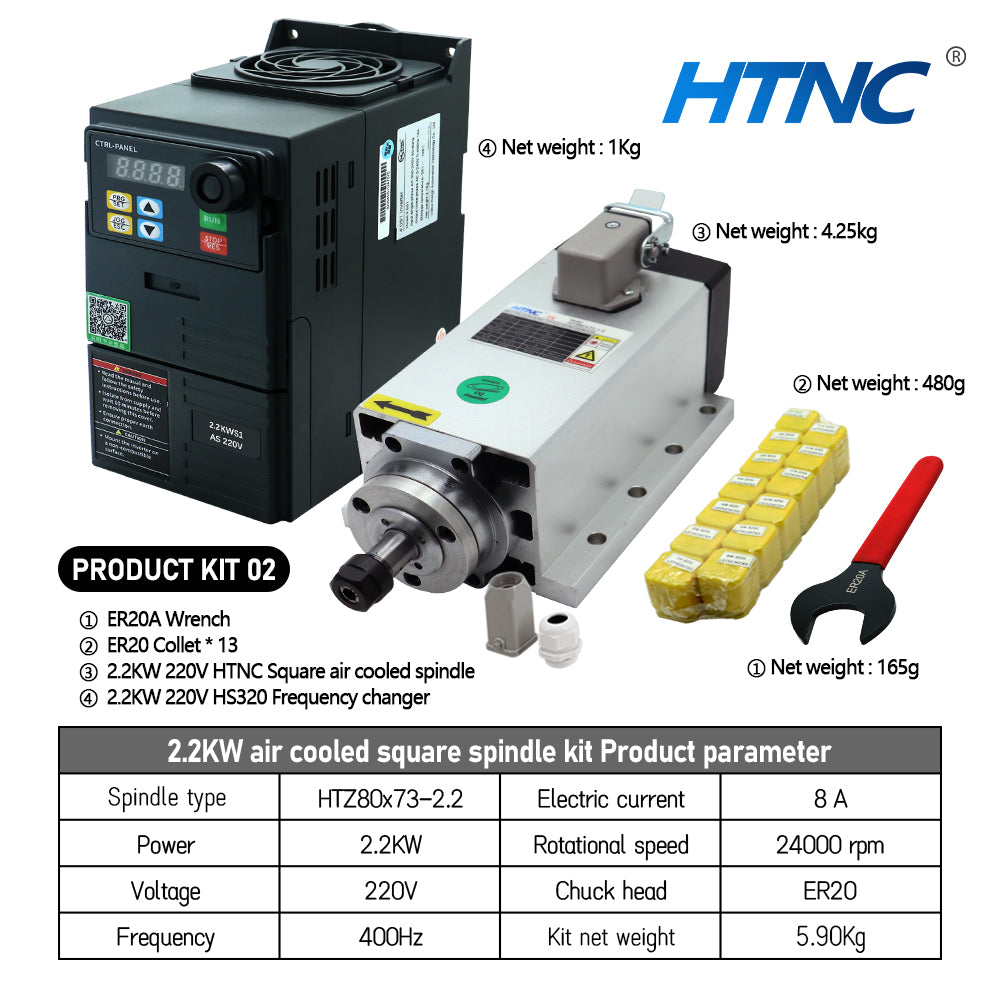 HLTNC Hot Sell 2.2KW CNC Spindle Motor 110v / 220v ER20 Spindle 0.9Nm 24000RPM +2200w VFD 50/60hz + ER20A wrench + 15pcs ER20 Collet