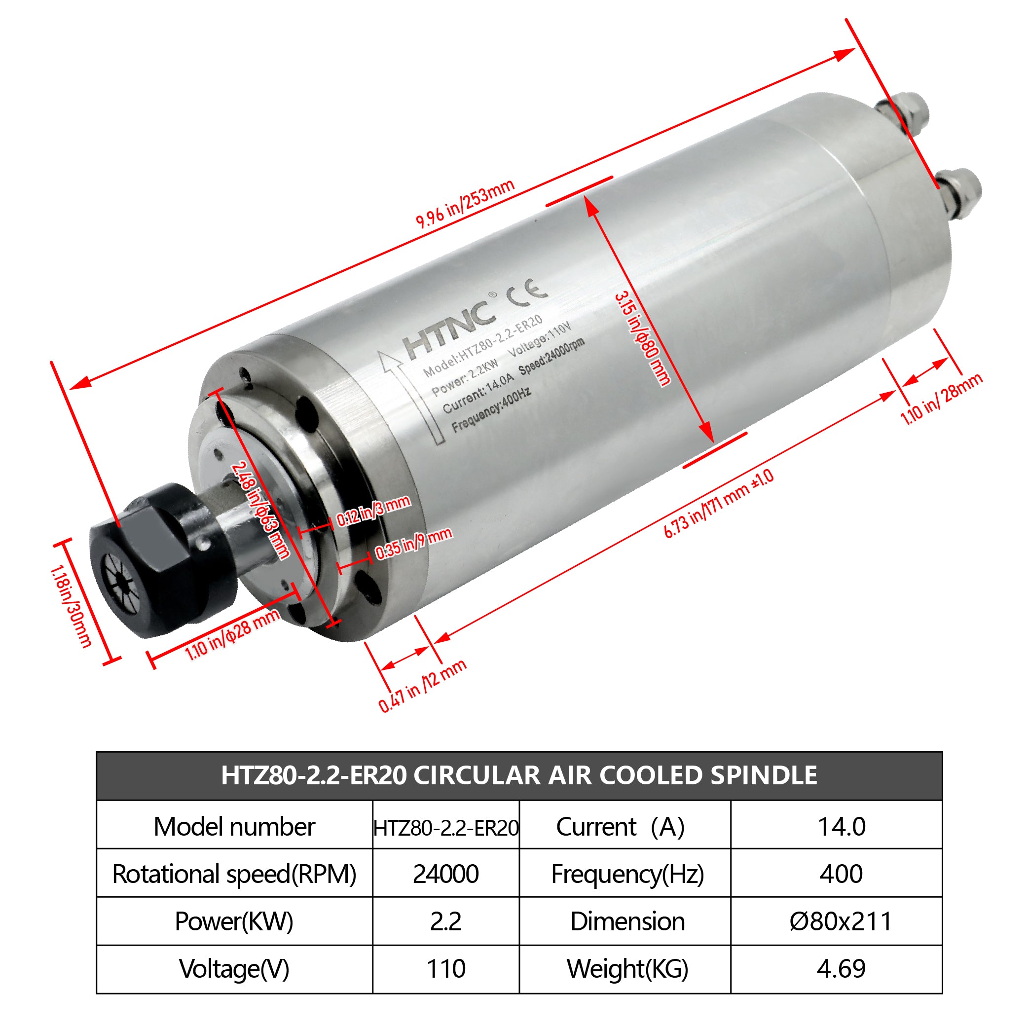 HLTNC Water Cooling 2.2KW 1.5kw 0.8kw CNC Spindle Motor 110v / 220v 2200W 1500w 800w 400hz Round Spindle 24000RPM For CNC