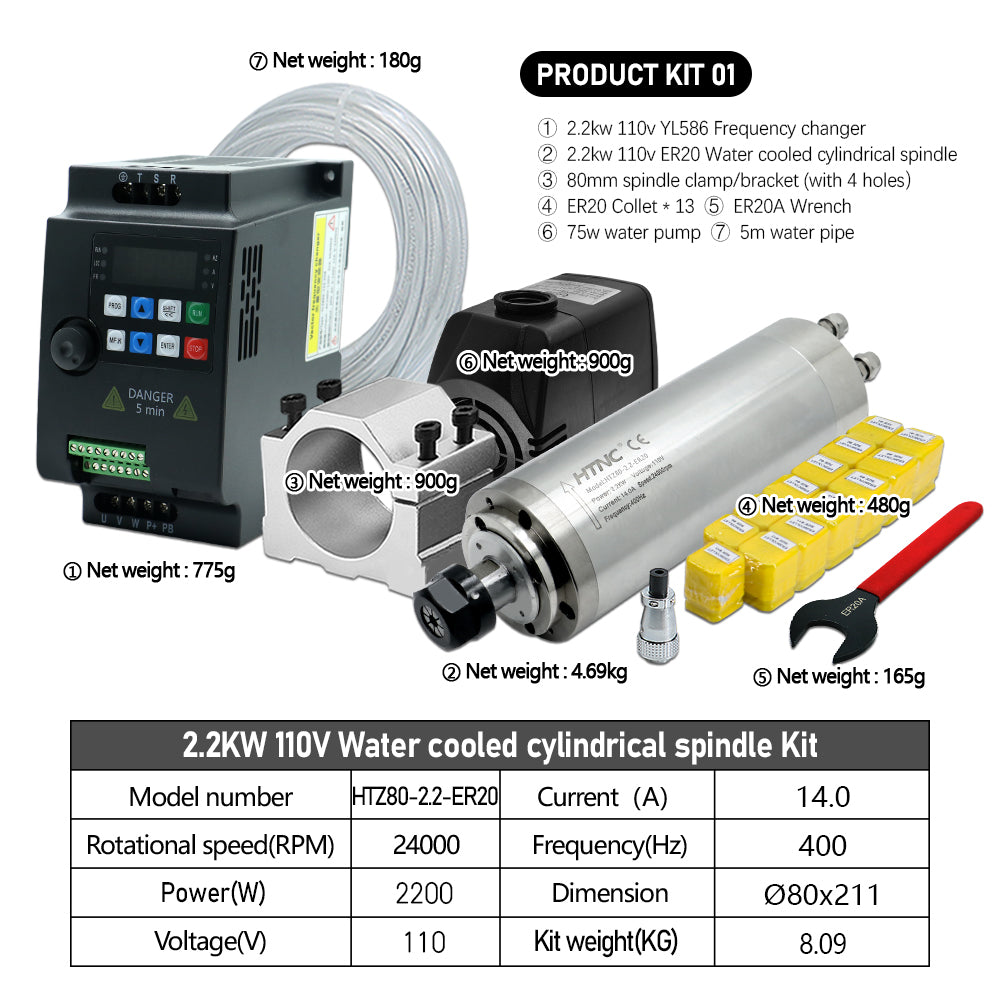 HLTNC 2200W CNC Spindle Motor 220v ER20 2.2kw Round Water Cooling Spindle 24000RPM +2.2kw VFD 50/60hz +Water Pump +80mm Bracket