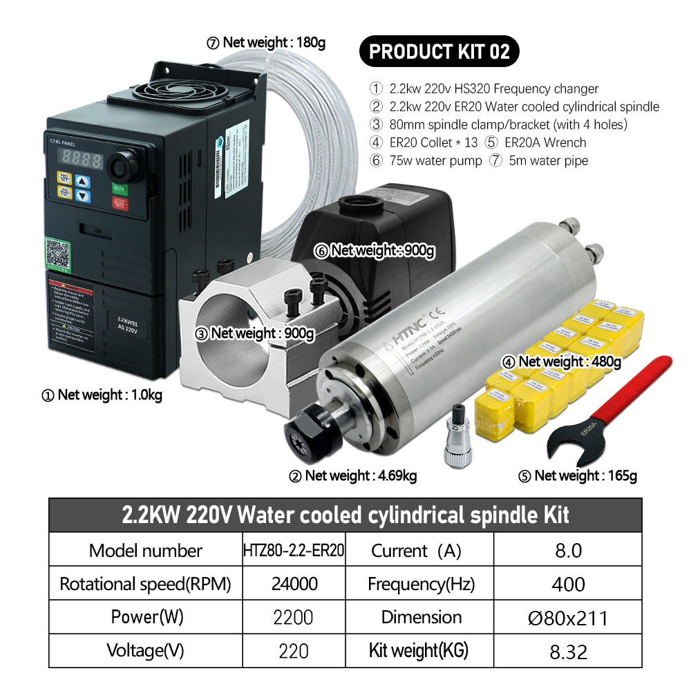 HLTNC 2200W CNC Spindle Motor 220v ER20 2.2kw Round Water Cooling Spindle 24000RPM +2.2kw VFD 50/60hz +Water Pump +80mm Bracket