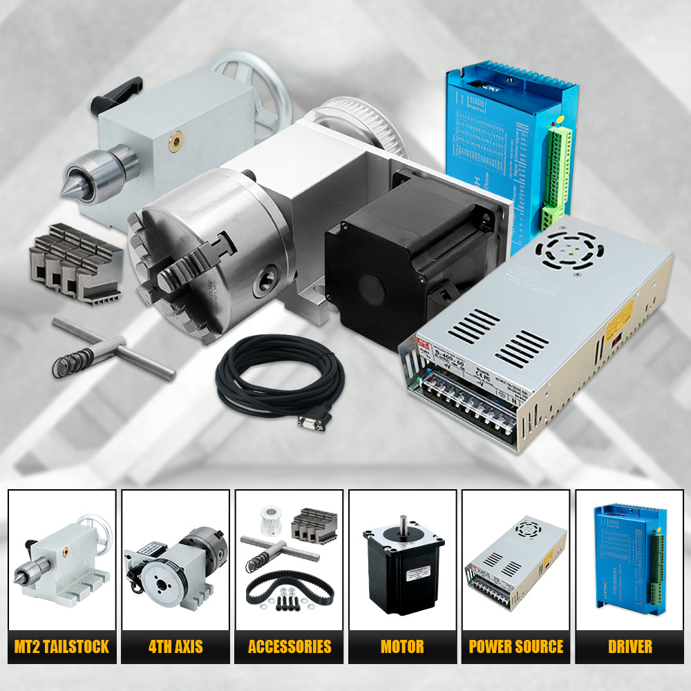 HLTNC 4th A Axis Rotary 65mm 4 Jaw Chuck + MT2 Tailstock Nema34 Closed Loop Stepper Driver Motor for CNC Router Engraver Machine