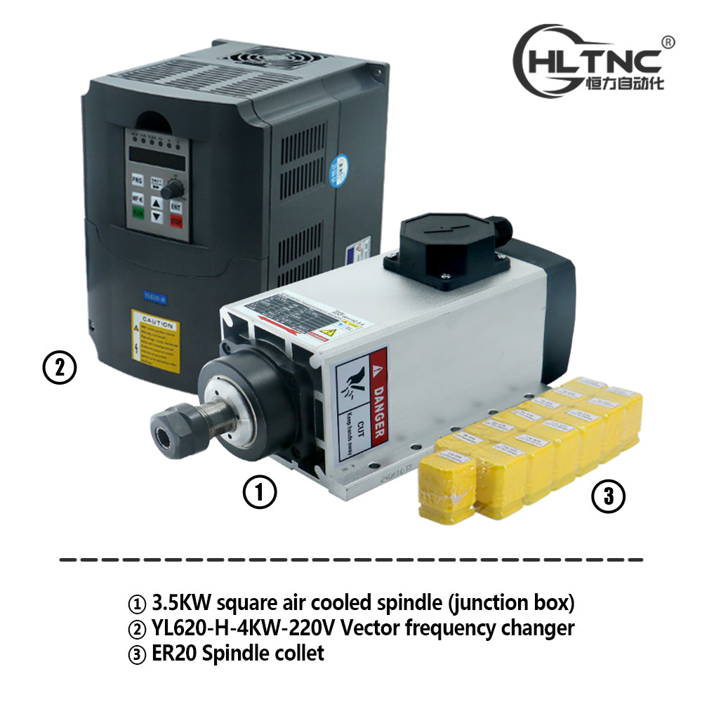 HLTNC Air Cooling Spindle Motor Kit 3500w 3.5kw Air Cooled Square Spindle 18000RPM + 4kw YL620-H 220V VFD Inverter + 13pcs ER20 For Milling