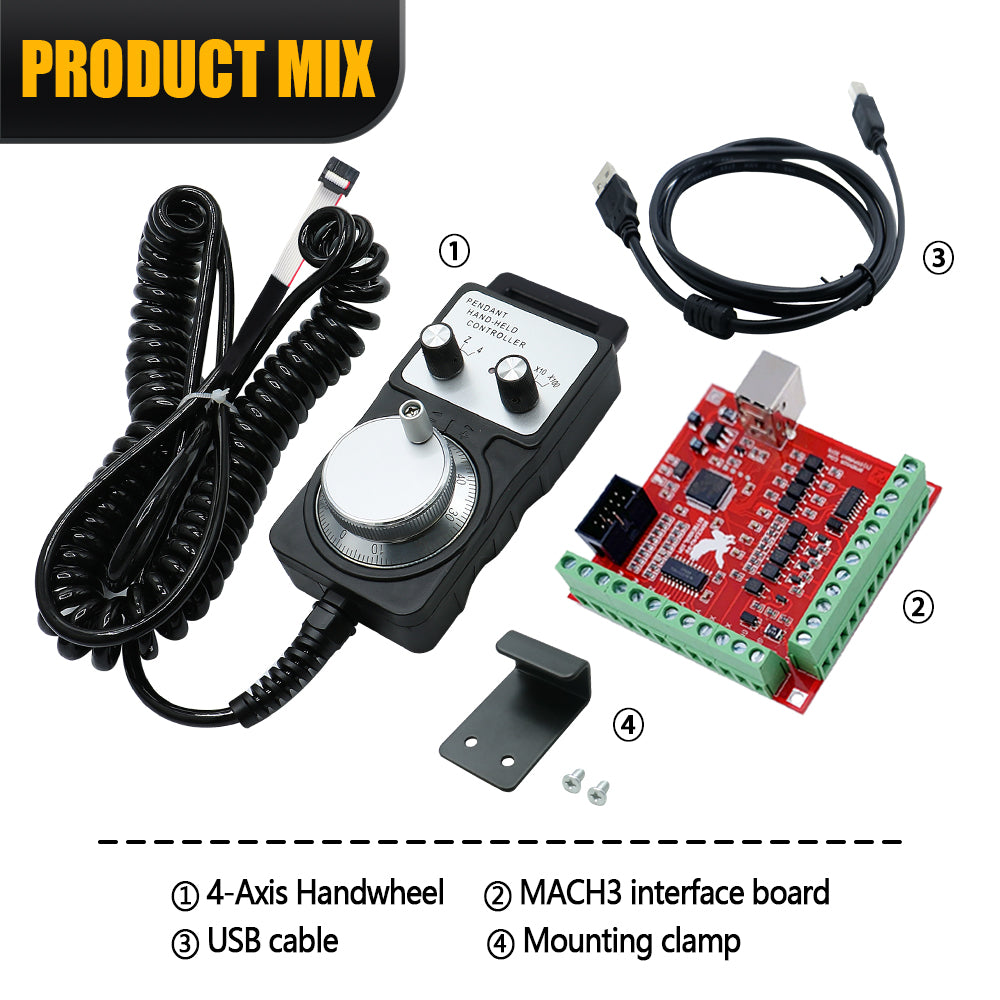 HLTNC FDSL Pulse Generator CNC Handwheel 5V 100Pulse 4 Axis Metal Handwheel With 4axis MACH3 FD Red Interface Breakout Board + USB Cable Suit For Mach3 System