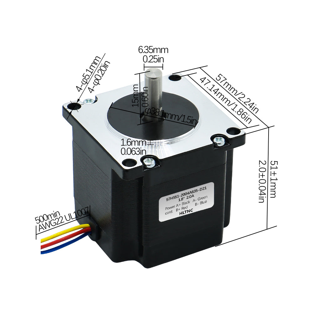 HLTNC Nema 23 Stepper Motor 1.1N.m 57HS51mm 157ozin Single Axis 6.35mm Current 2.0A For CNC Router 3D Printer