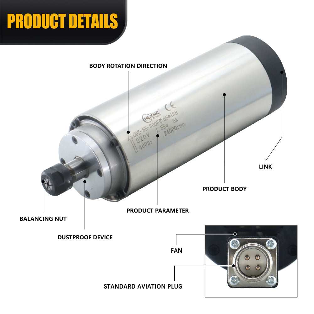 HLTNC GDZ-65-1.5 Round Air Cooled Spindle 1.5KW 110V 220V 5A 24000RPM 400Hz Diameter 65mm For Engraving Machine CNC Part