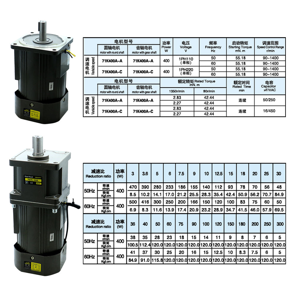 HLTNC 400W Micro AC Motor 110v 220v Single Phase Asynchronous Motor Gear Motor 22mm Motor Shaft+ Speed Controller 5RPM-1350RPM 50/60hz
