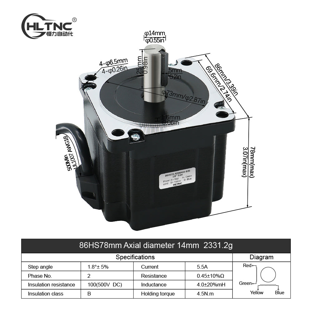 HLTNC Nema34 Stepper Motor 86 Flange 86HS78 5.5A 4N.m 571ozin DC Engine With 4 lead 1500RPM For CNC Router