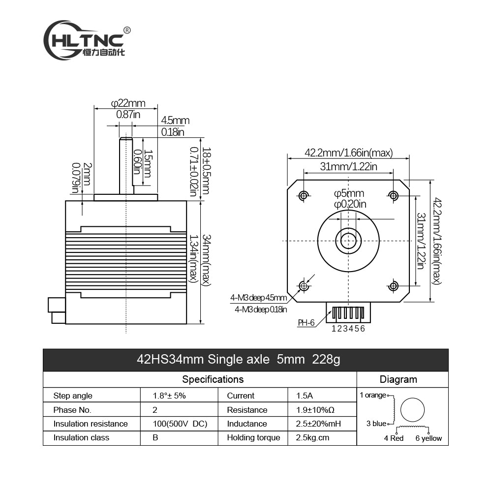 HLTNC 3D Printer Nema 17 Stepper Motor 0.25N.m 42HS34mm 36ozin 2.5kg.cm Single Axis 5mm Current 1.5A For CNC Router