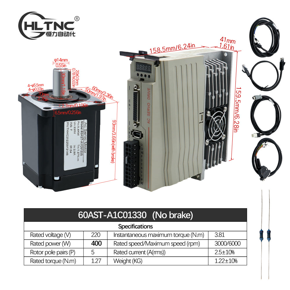 HLTNC Hot Sales Servo Motor 400w 600w 750w 1000w Servo Driver 17bit Absolute Encoder AC 110V 220V 1.27Nm - 3.8Nm 543ozin For CNC Engraver