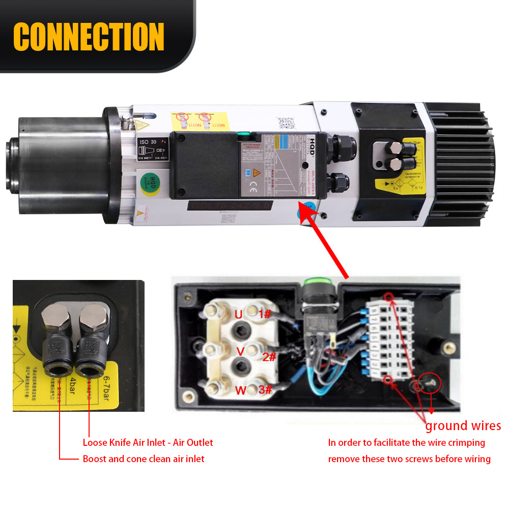 HLTNC HQD ATC Spindle 9kw AC 220v / 380v Automatic Tool Changing Spindle 800Hz 24000RPM ISO30 Tool Holder Air Cooled For CNC
