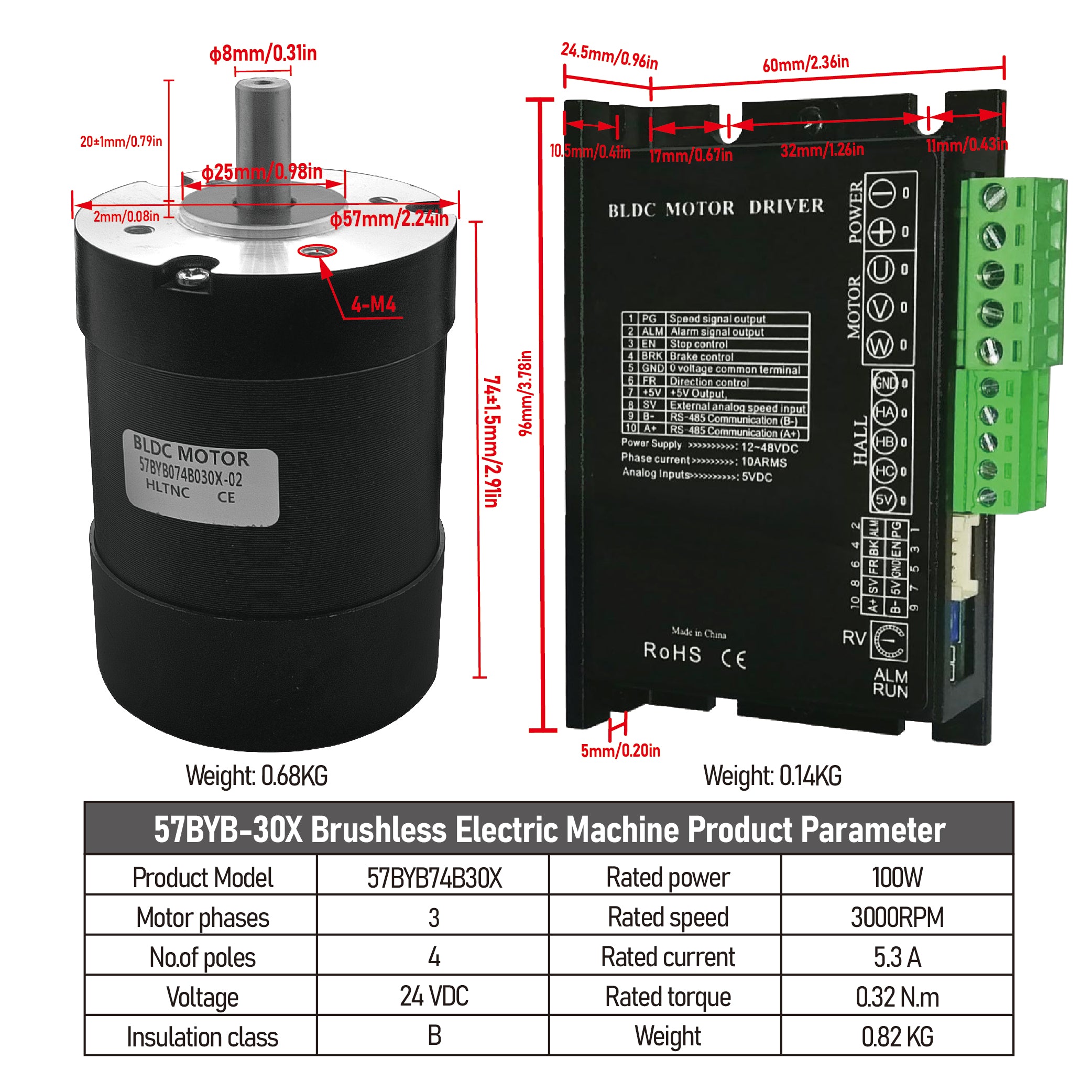 10000 Rpm HLTNC BLDC Brushless DC Motor 100W 57BYB 3000 to 10000 Rpm 0.1 0.2 0.3