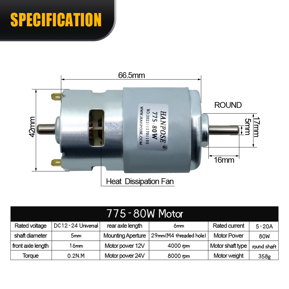 HLTNC Brushed DC Motor 775/795/895 80-360W Double Ball Bearing 4000-12000RPM DC12-24 Universal 0.2-0.98N.m