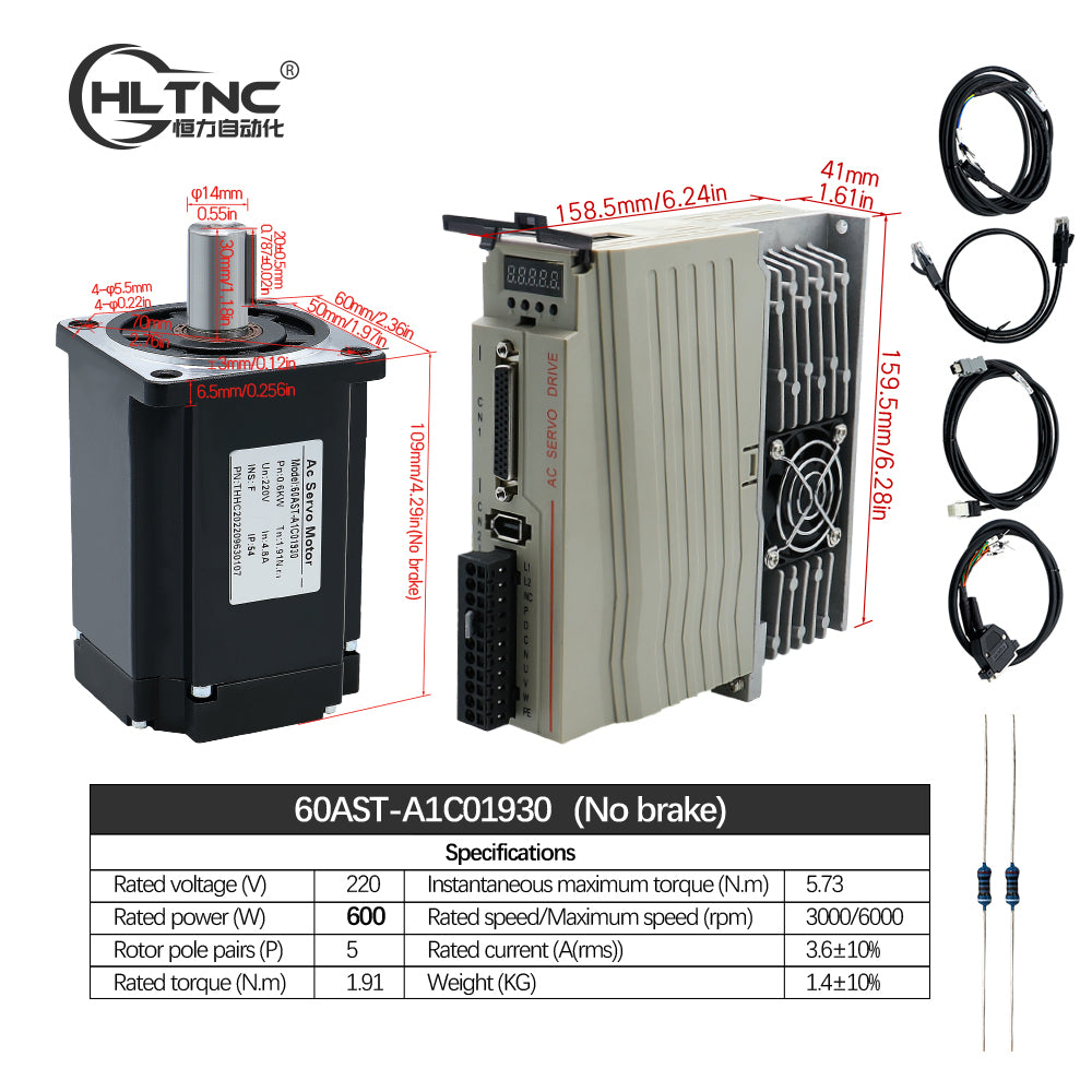 HLTNC Hot Sales Servo Motor 400w 600w 750w 1000w Servo Driver 17bit Absolute Encoder AC 110V 220V 1.27Nm - 3.8Nm 543ozin For CNC Engraver