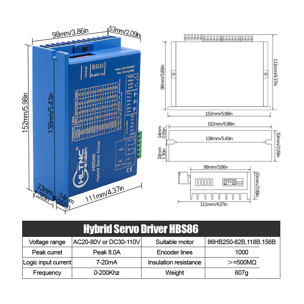 HLTNC Nema34 Close Loop Stepper Motor 86HB250-82/118/152B & HBS86 Drive &3M Encoder Cable 4.5/8/12N.m 643/1143/1714Ozin For CNC Router