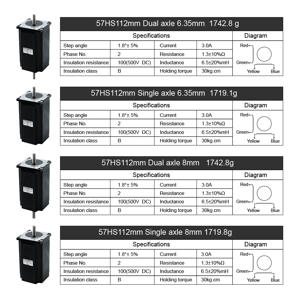 HLTNC Nema 23 Stepper Motor 3.0N.m 57HS112mm 425ozin Dual Axle 6.35/8mm Single Axle 6.35mm/8mm Current 3.0A For CNC Router 3D Printer