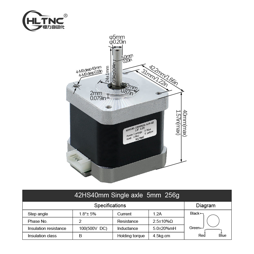 HLTNC 3D Printer Nema 17 Stepper Motor 0.45N.m 42HS40mm 65ozin 4.5kg.cm Single Axis 5mm Current 1.2A For CNC Router