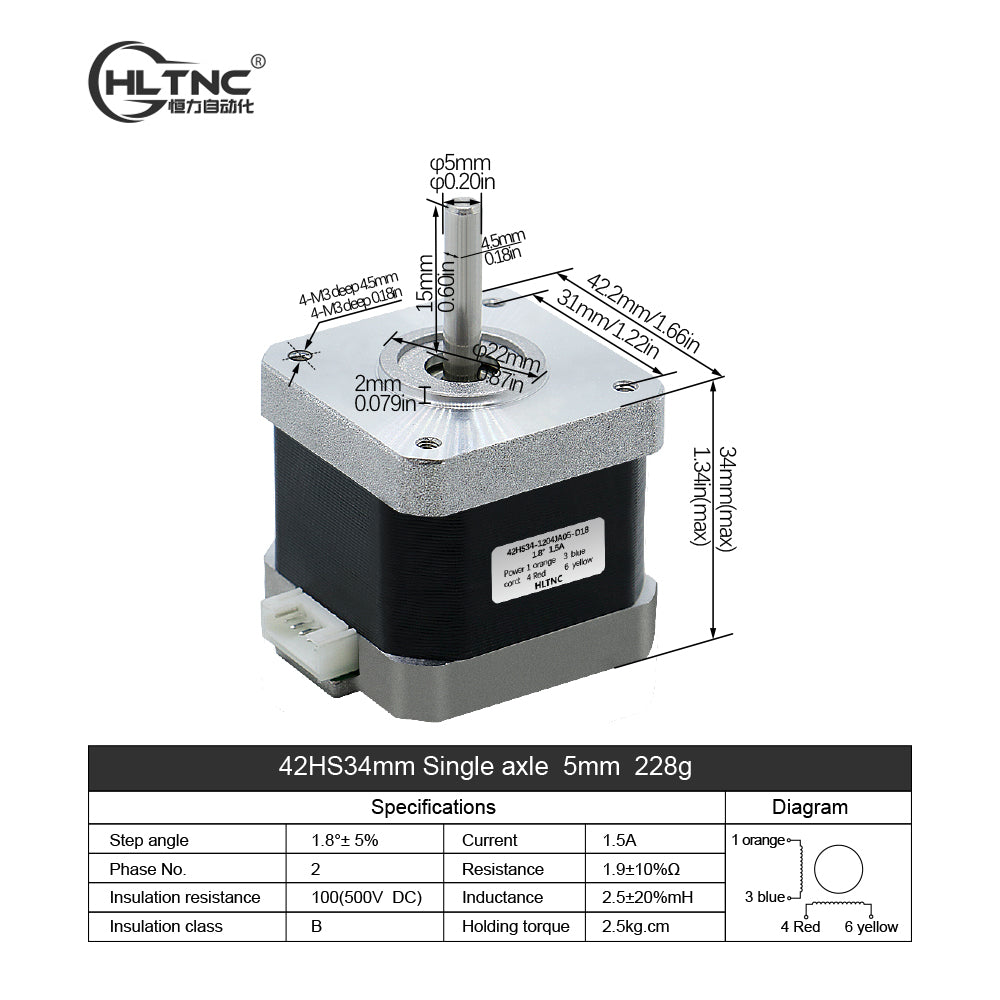 HLTNC 3D Printer Nema 17 Stepper Motor 0.25N.m 42HS34mm 36ozin 2.5kg.cm Single Axis 5mm Current 1.5A For CNC Router