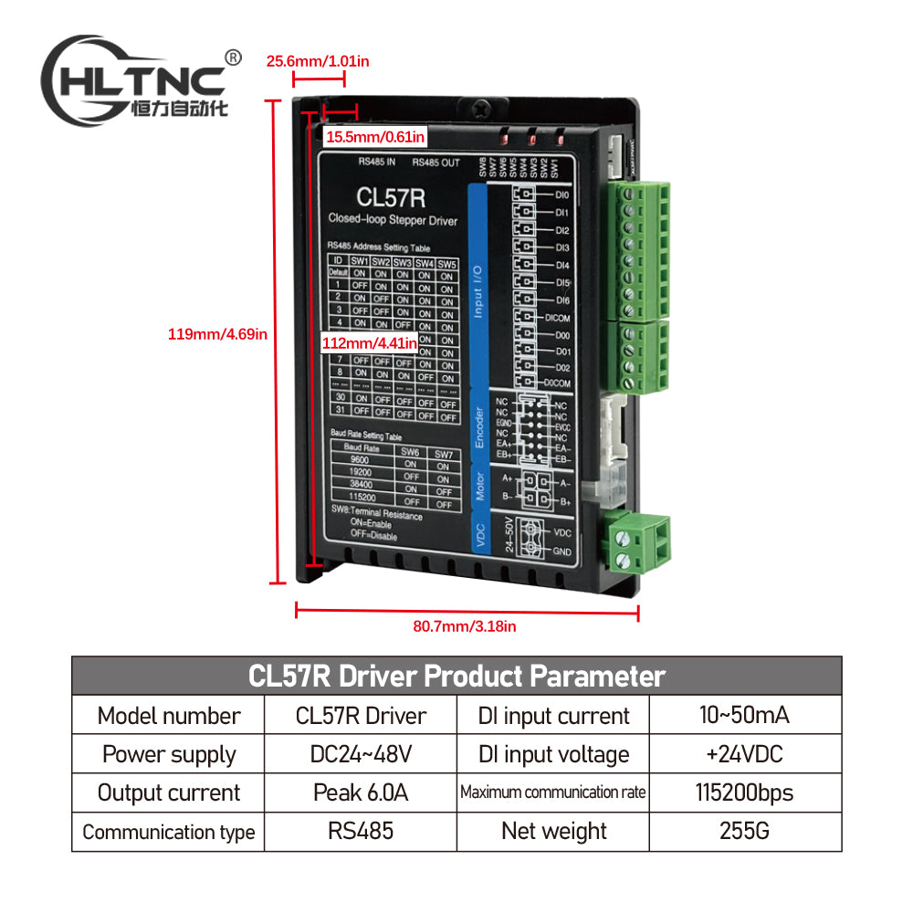 HLTNC Nema23 Close Loop Stepper Motor & CL57R Driver DC 24V-48V With RS485 Communication Support Modbus RTU protocol For CNC Router