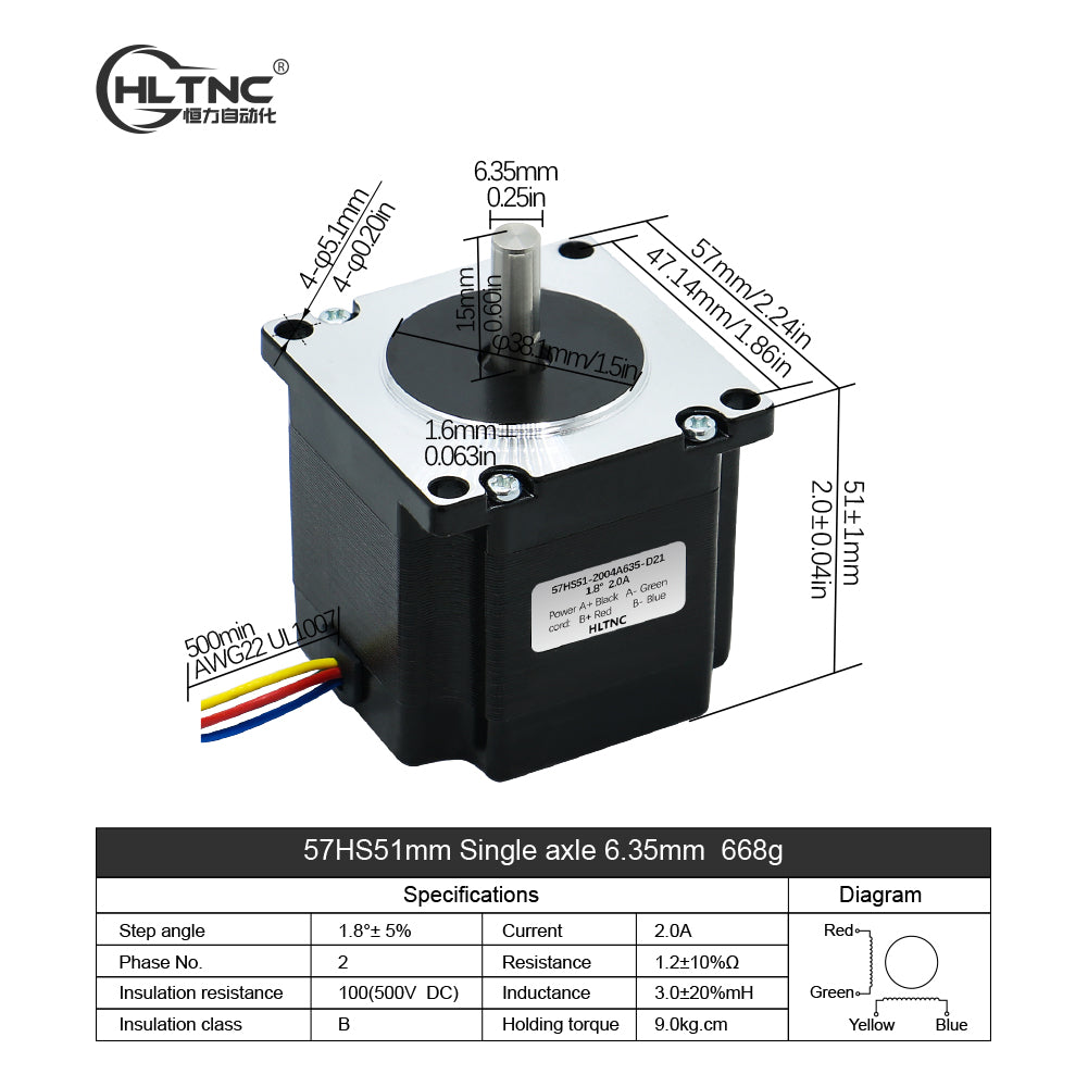 HLTNC Nema 23 Stepper Motor 1.1N.m 57HS51mm 157ozin Single Axis 6.35mm Current 2.0A For CNC Router 3D Printer