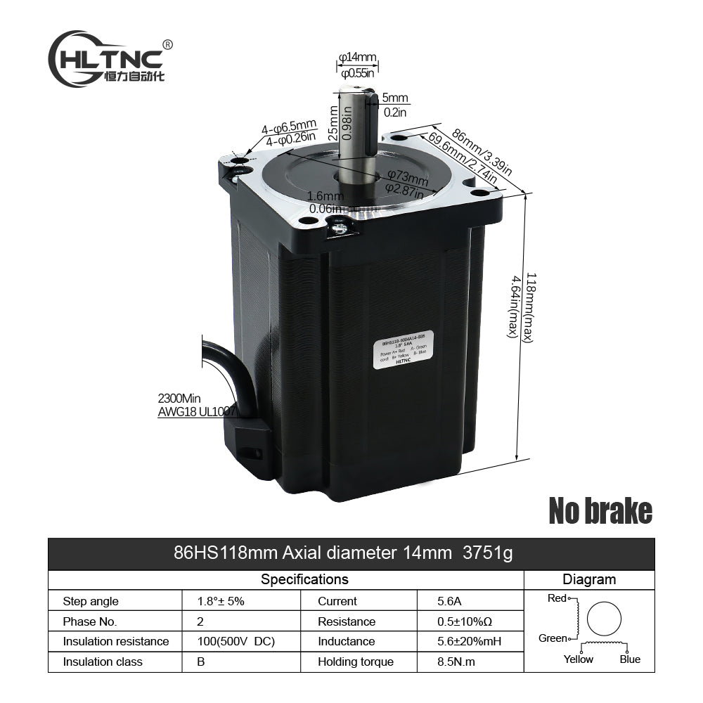 HLTNC Nema34 Stepper Motor 86 Flange 86HS118 5.6A 8.5N.m 1214ozin DC Engine With 4 Lead 1500RPM For CNC Router