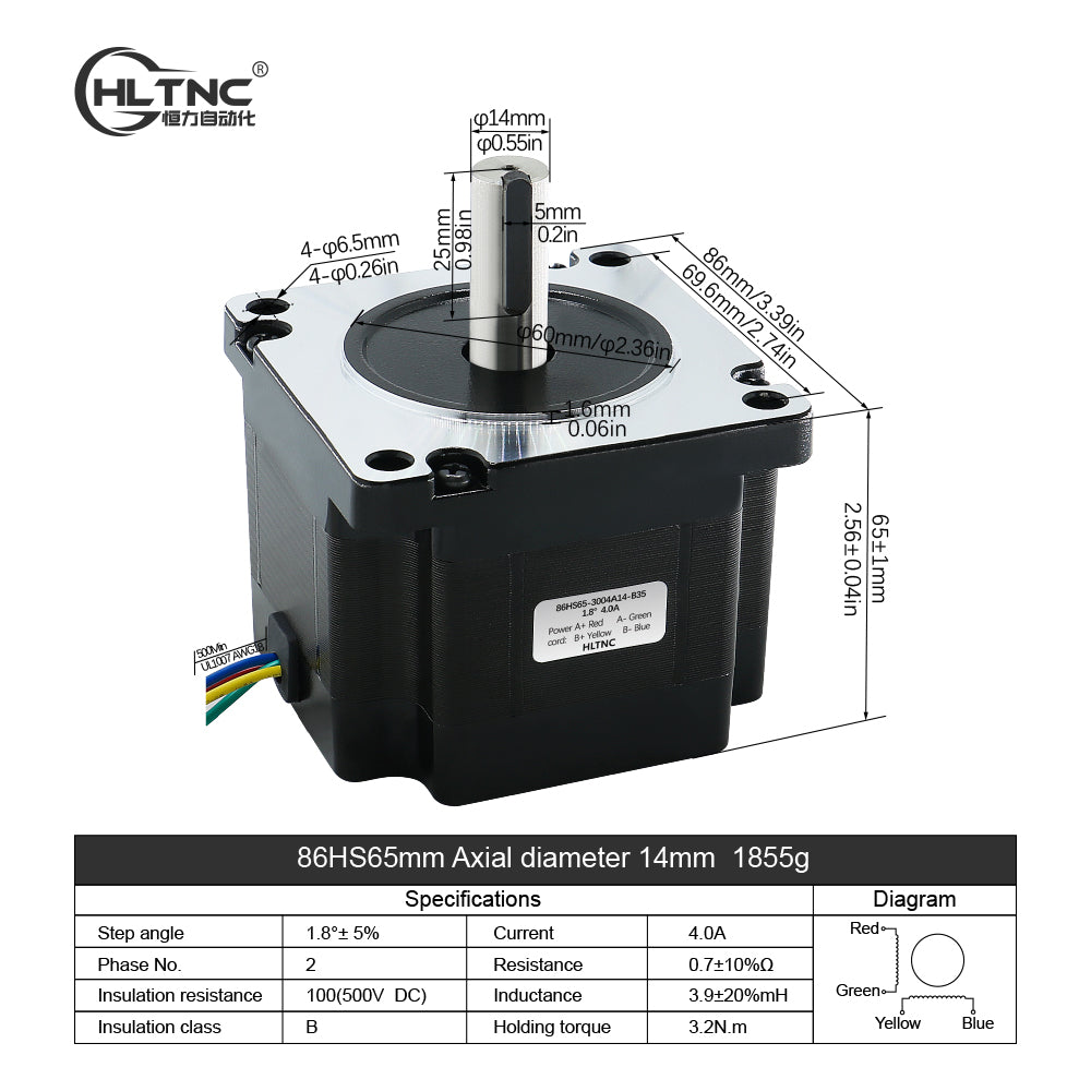 HLTNC Nema34 Stepper Motor 86 Flange 86HS65 4A 3.2N.m 457ozin DC Engine With 4 lead 1500RPM For CNC Router