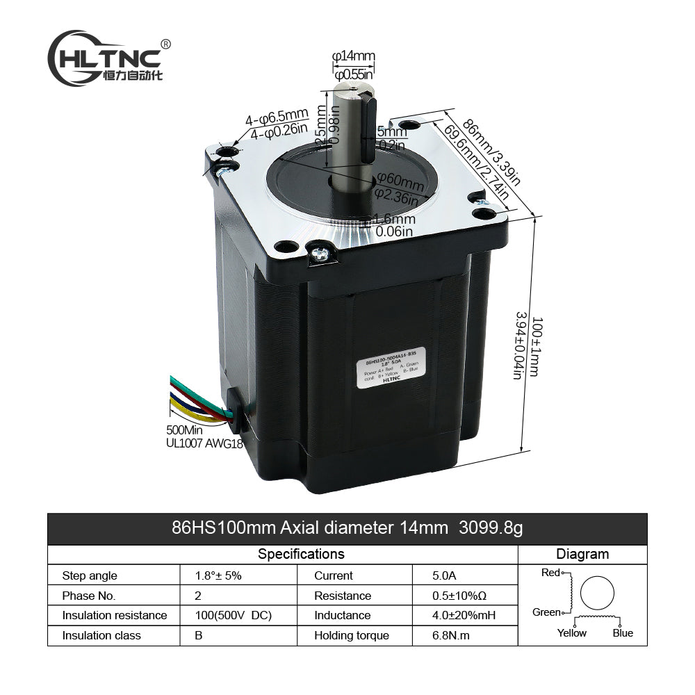 HLTNC Nema34 Stepper Motor 86 Flange 86HS100 5A 6.8N.m 971ozin DC Engine With 4 lead 1500RPM For CNC Router