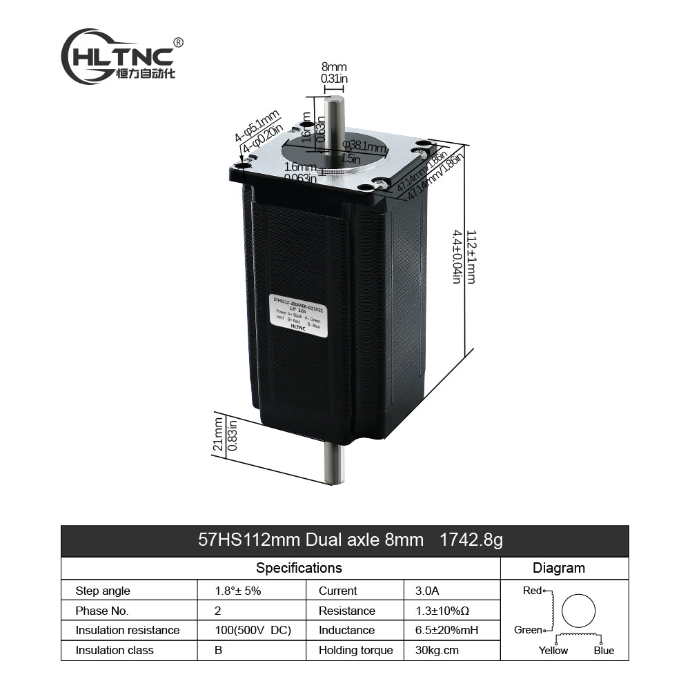 HLTNC Nema 23 Stepper Motor 3.0N.m 57HS112mm 425ozin Dual Axle 6.35/8mm Single Axle 6.35mm/8mm Current 3.0A For CNC Router 3D Printer