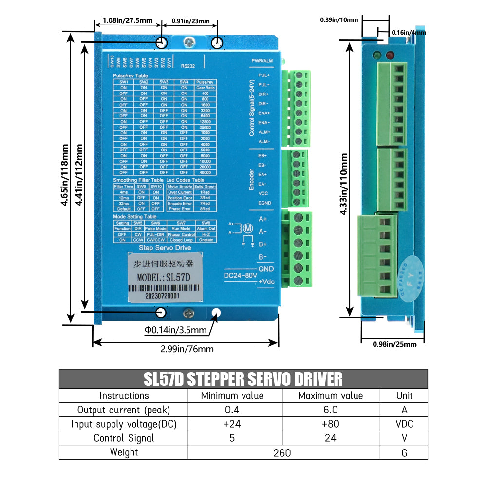 HLTNC SL57D Stepper Motor Drive 0-200kHz DC24-80V 51200ppr 6A Suit for Nema23 Nema24 Stepper Motor