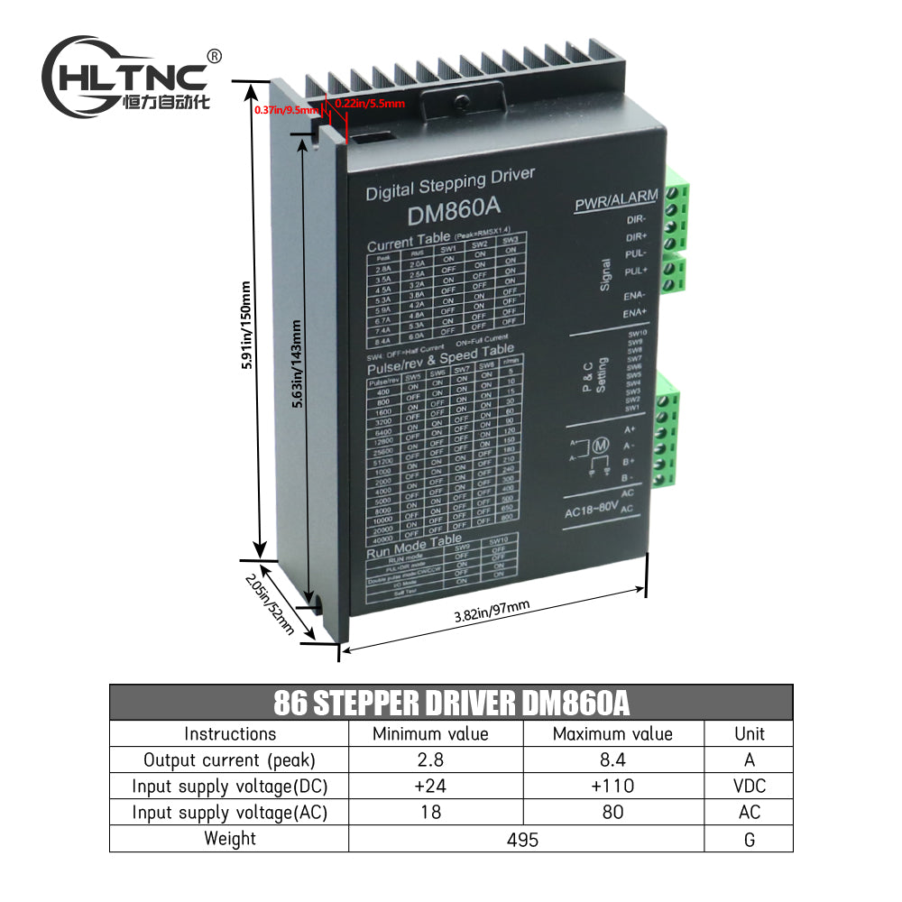 HLTNC Microstep Motor Driver DM860A Suitble for Nema34 Stepper Motor Supply Voltage AC18-80V DC24-110V 200KHZ 8.4A