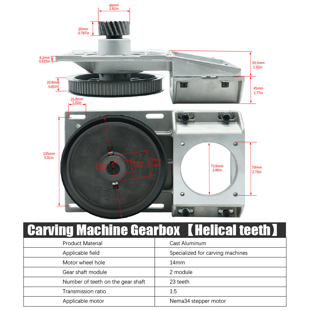 HLTNC 2m Module Standard Cnc Router Use Ration 5:1 Gearbox Left Helical Belt Reducer For Nema34 Motor Cast Aluminum Materials