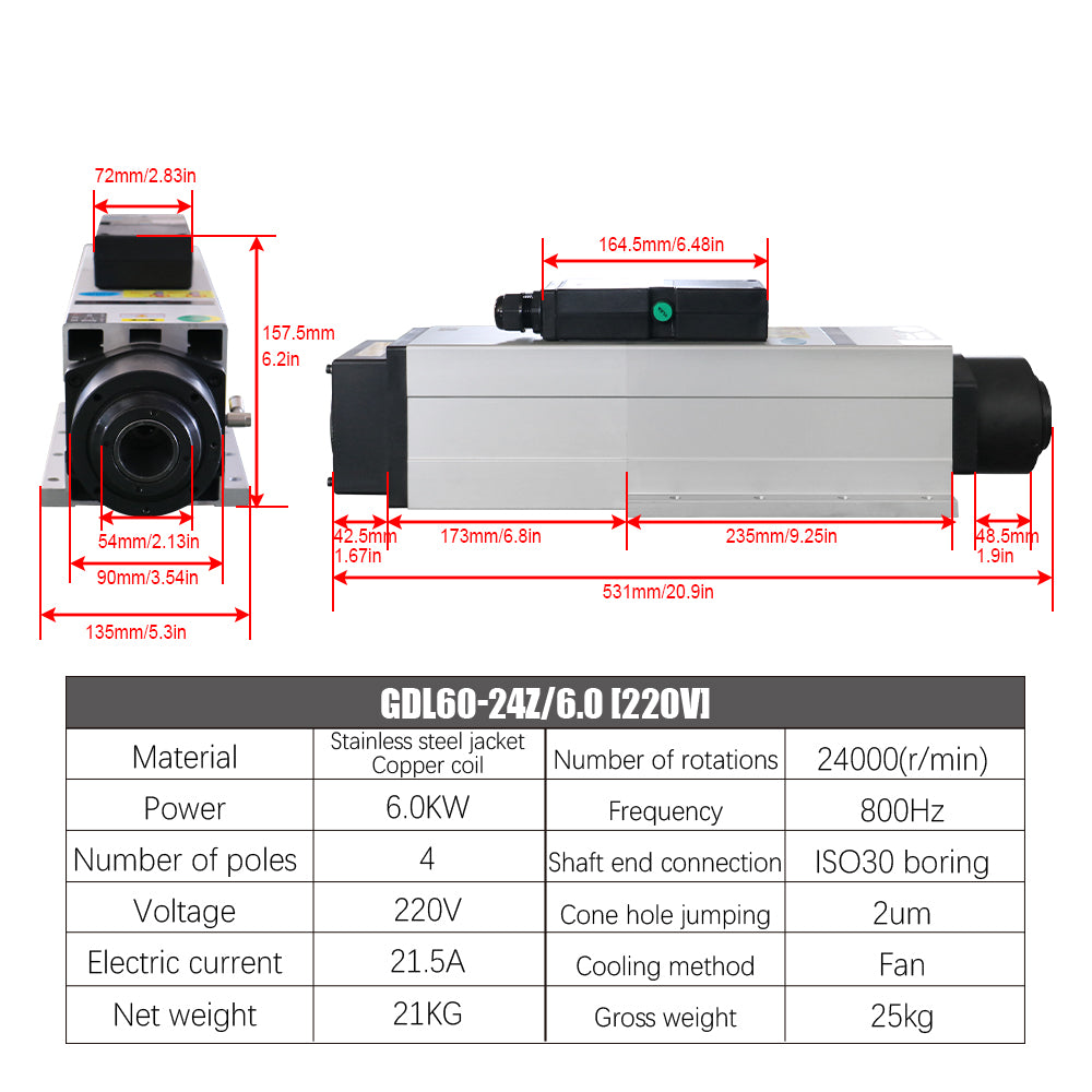 HLTNC HQD ATC Spindle 6kw AC220v / 380v Automatic Tool Changing Spindle 800Hz 24000RPM ISO30 Tool Holder Air Cooled For CNC