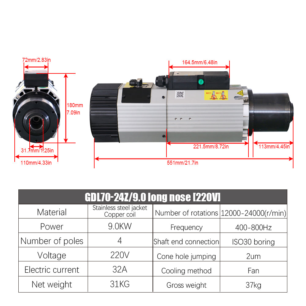 HLTNC HQD ATC Spindle 9kw AC 220v / 380v Automatic Tool Changing Spindle 800Hz 24000RPM ISO30 Tool Holder Air Cooled For CNC
