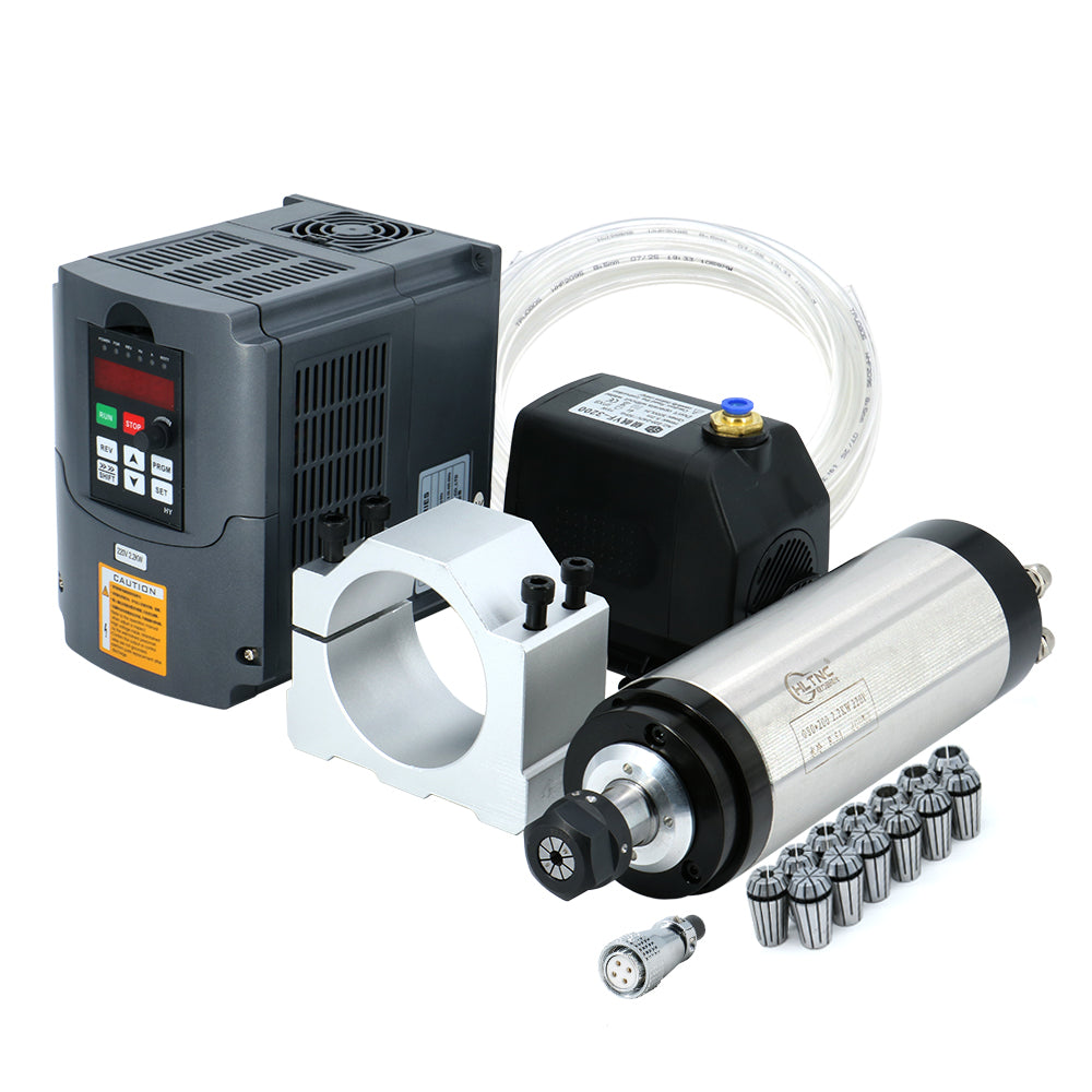 2.2kw ER20 water cooled spindle CNC spindle motor kit include 2200w HY VFD +75W water pump + 80mm spindle mount +13pcs ER20 collets （1-13mm）