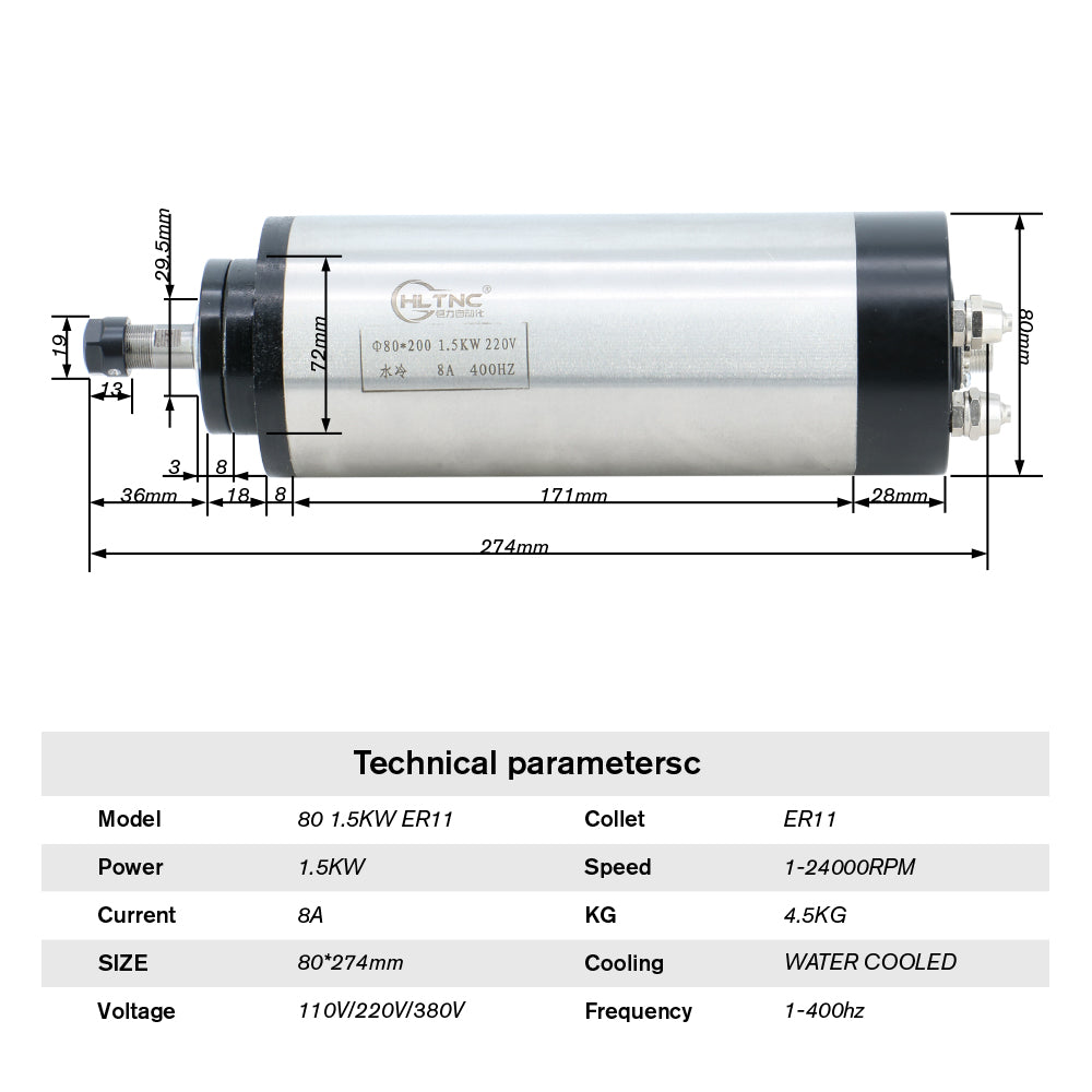 1.5kw ER11 water cooled spindle CNC spindle motor kit include 1500w HY VFD +75W water pump +80mm spindle mount + 7pcs ER11 collets （1-7mm）