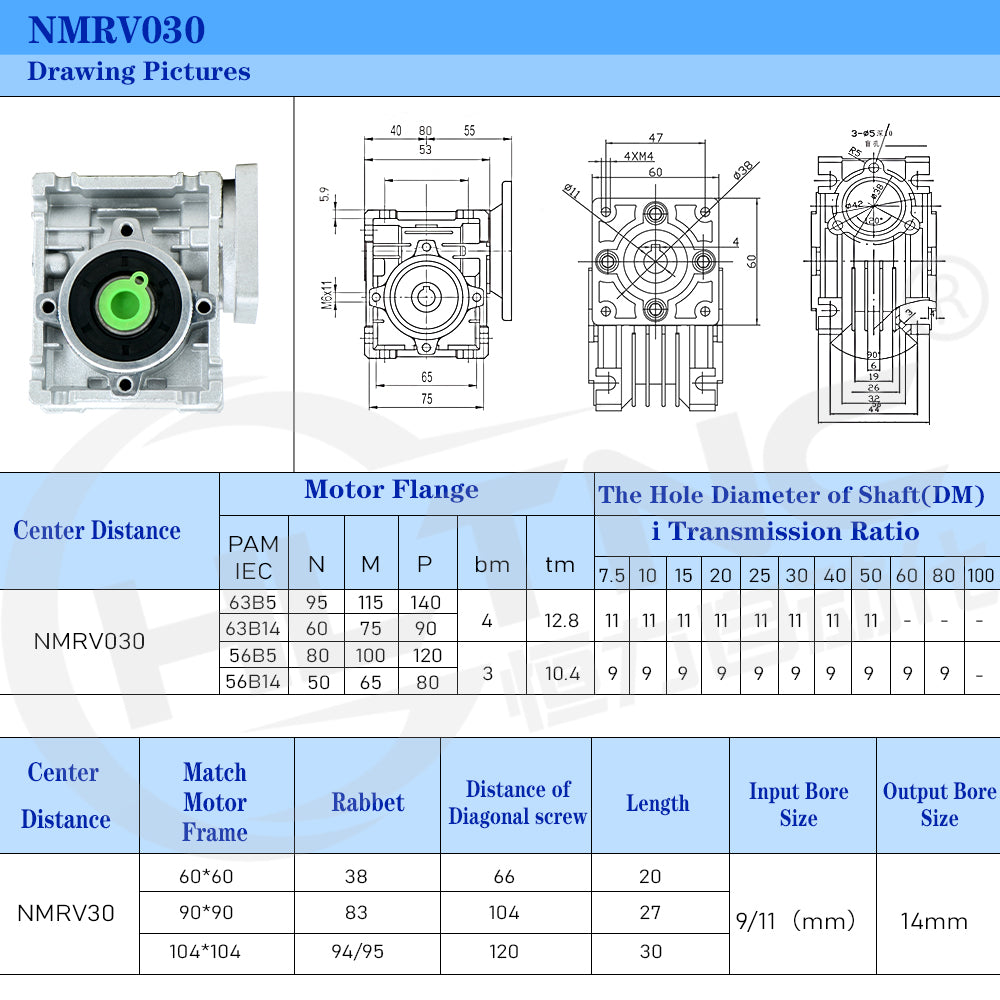 5:1-80:1 Worm Reducer NMRV030 8mm Input Shaft RV030 Worm Gearbox Speed Reducer for NEMA 23 Motor