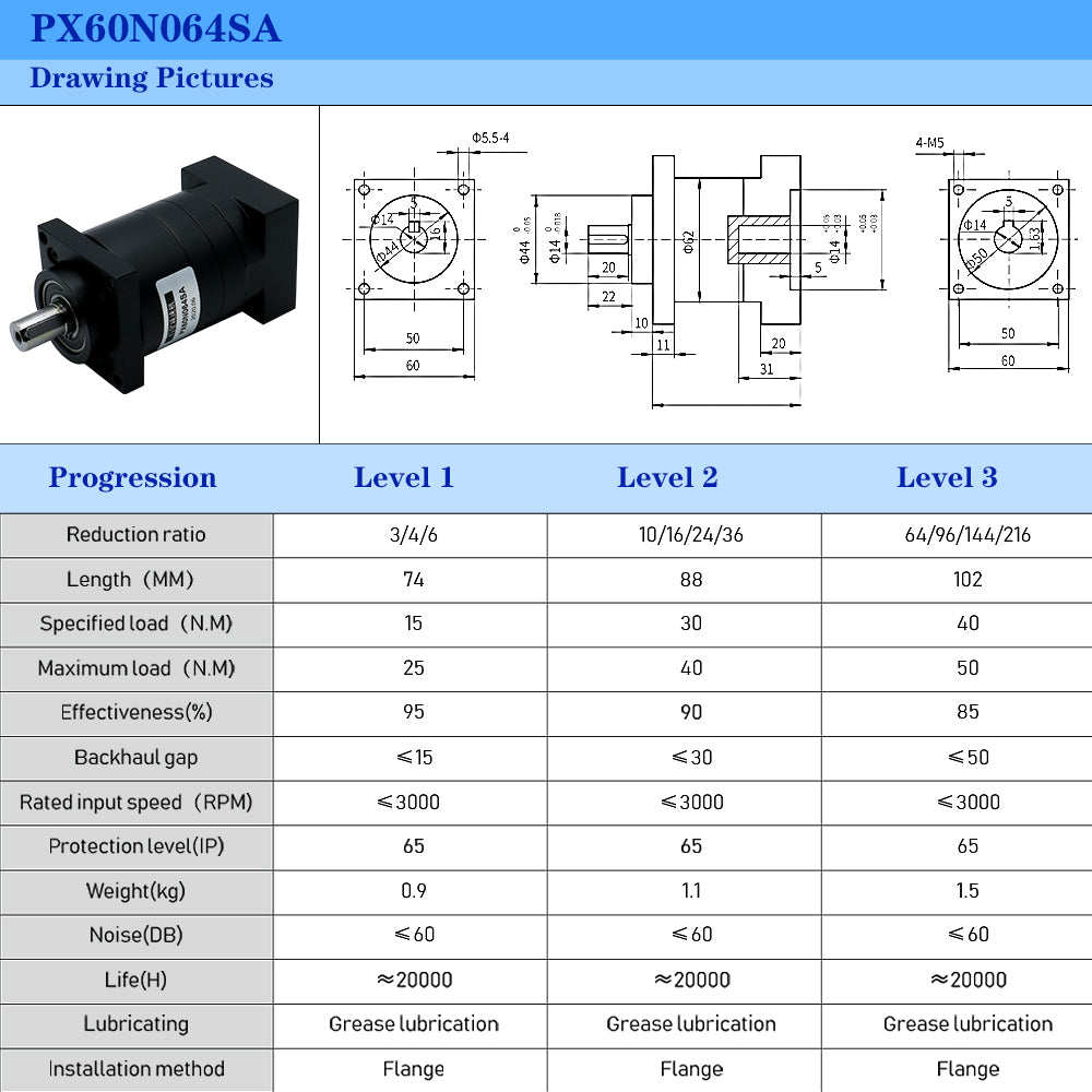 Planetary reducer PX60 suit for Nema24 60 stepping servo motor ratio 3 4 6 10 16 24 36 64 96 144 216  input hole 14mm output shaft 14mm with 5mm key